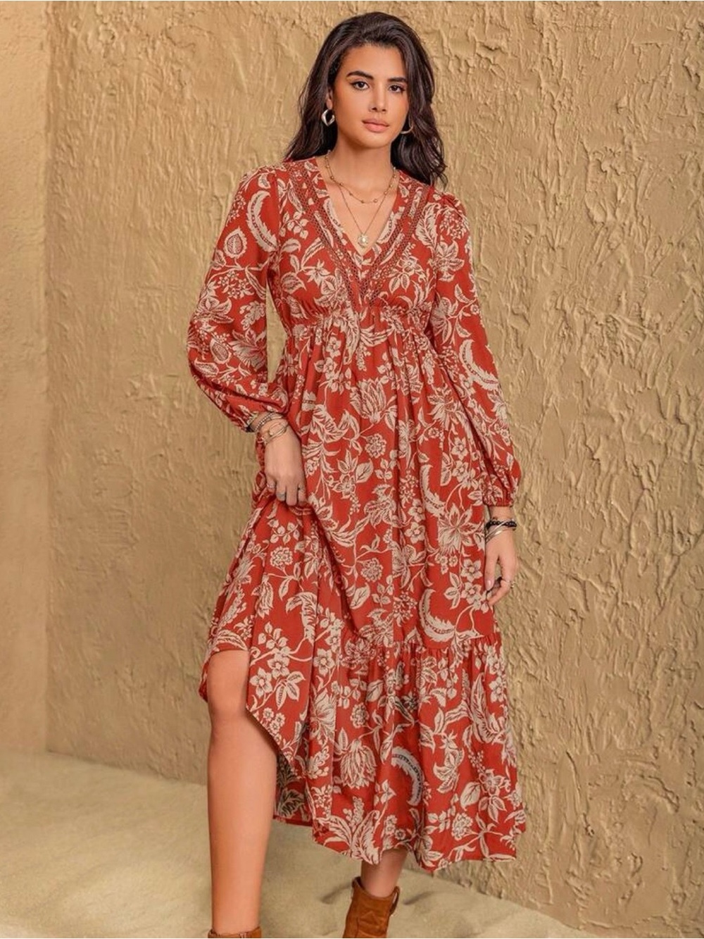 Rusttydustty Bright Red Floral Maxi Dress with Tan Print